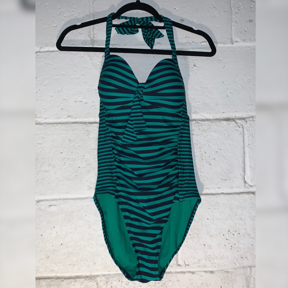 Super Cute Navy & Green Striped One Piece Swimsuit